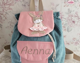 Kindergarten backpack, child backpack, corduroy kindergarten bag, rabbit Leni, petrol old pink with name