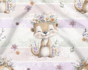 Könnte beinhalten: Ein sich wiederholendes Muster mit einem lächelnden Cartoon-Otter mit Blumenkrone. Der Otter ist hellbraun mit weißem Bauch, vor einem Hintergrund aus lavendelfarbenen, weißen und hellgrünen Streifen, verziert mit Blumen- und Blättermotiven.