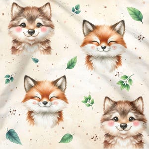 Könnte beinhalten: Ein nahtloses Muster mit abwechselnden Bildern eines braunen Wolfes und eines orangefarbenen Fuchses mit weißem Fell. Beide Tiere haben die Augen geschlossen und lächeln. Der Hintergrund ist hellbeige mit braunen und grünen Flecken.