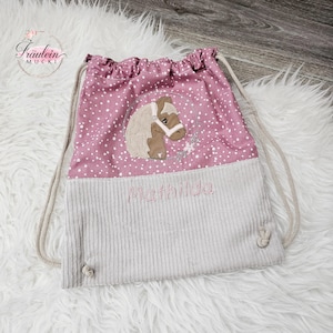 Turnbeutel, Sportbeutel, Sporttasche Kinder bestickt, Cord, Pferd, altrosa beige