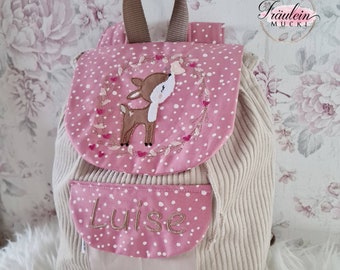 Kindergartenrucksack, Rucksack Kind, Kindergartentasche Cord, Reh, altrosa beige mit Namen