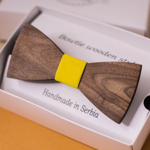 Yellow wooden bowtie Classic look wooden bow tie Classy groomsman Father&#39;s day accessories Wooden bowtie Wedding necktie Funky bow tie