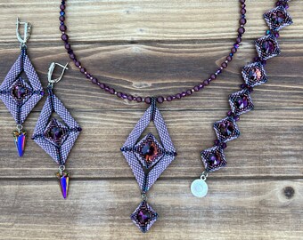 Amethyst made with Swarovski Crystals Jewelry Set, Amethyst Crystal Necklace, Amethyst Crystals Earrings and Bracelet, Gift for her
