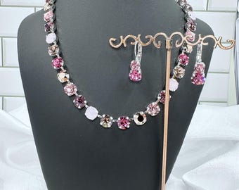 Made with Pink Rose shades Swarovski Crystals handmade Necklace & Bracelet and Earrings, Pink Necklace, Pink Bracelet, Wedding Jewelry
