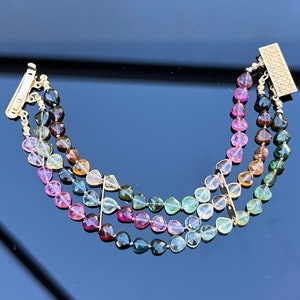Watermelon Tourmaline Bracelet, Heart shape, 14kt real gold spacer beads, gold filed box clasp, October Birthstone,Multicolor Bracelet