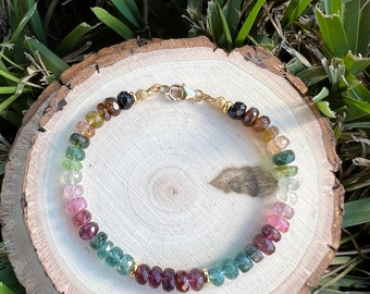Ombre Watermelon Tourmaline Bracelet with 14kt gold filled beads and lobster clasp. October Birthstone. 8th Wedding Anniversary