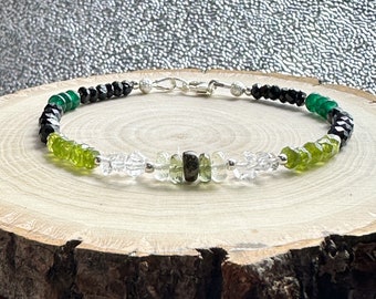 Moldavite, Meteorite, Libyan Desert Glass, Herkimer Diamond, Vesuvianite, Black Spinel, Nephrite and black Tourmaline bracelet