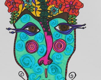 Floating BLUE LADY Face with FLOWERS... Laminated original colorful drawing... Ready to hang...