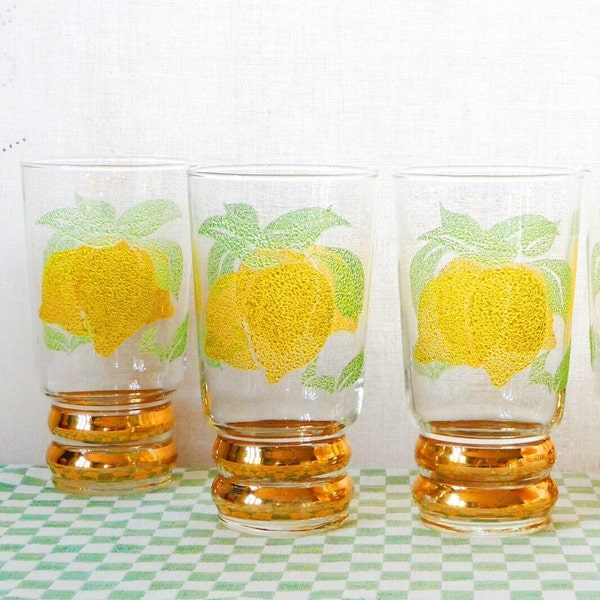 3 Grote LIMONADE tumblers, matglazen bekers, mid-century modern, jaren 1950, Party, Bar cart, Limoen, Gele Citroen patronen, vorst