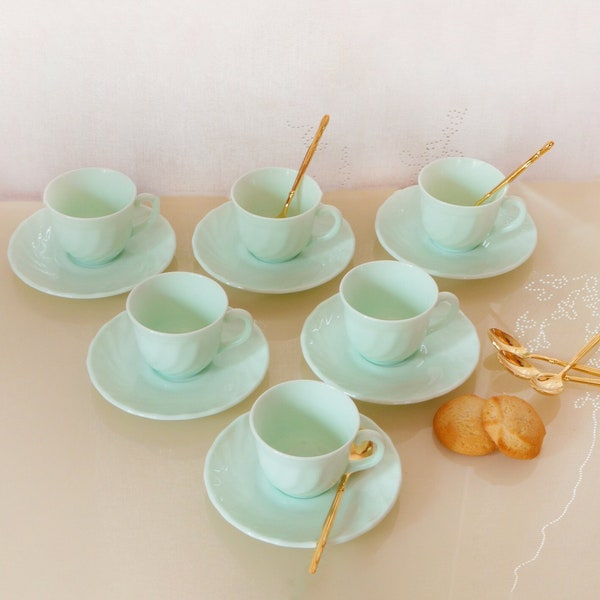 6 Jadeite cups and saucers, French vintage, 1950's, Jade green demi-tasse, ARCOPAL, jadeite, Bistrot, Rare, swirl fire king, vintage stock