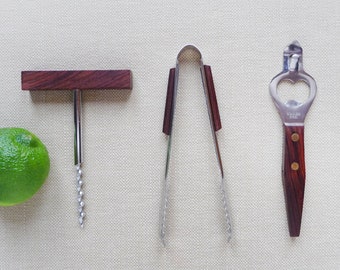 Vintage Bar Set, 60s Bar Tools Set, Wood Teak Mid Century, Bottle Opener, Corkscrew, Can Piercer, Ice Tongs, MCM, Minimalist, MCM