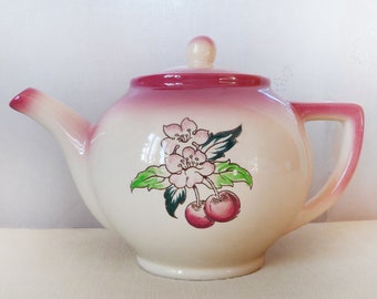 Large vintage ceramic Teapot, Montmorency Longwy, Earthenware teapot, hand painted Cherry blossom, Cherries,  桜と桜の美, しいピンクのティーポット, Faience