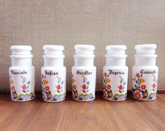Italian milk glass | Etsy Milk Glass Set of Five Spice Jars
