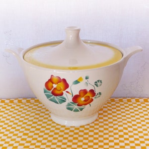 Digoin PHILIPPINE Tureen, raro, naranja quemado, amarillo, tazón francés vintage verde, flor de capuchina pintada a mano, casa de campo francesa, MCM
