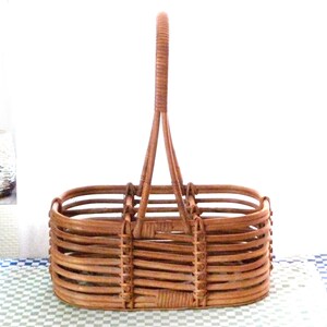 May include: A brown wicker basket with a single handle. The basket has a rectangular shape with a rounded bottom and is designed to hold bottles.