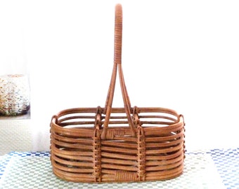 Vintage LARGE Wicker basket, RATTAN Basket, for 6 bottles, Rattan bottle carrier, natural willow colour, French Retro, Bistrot, Restaurant