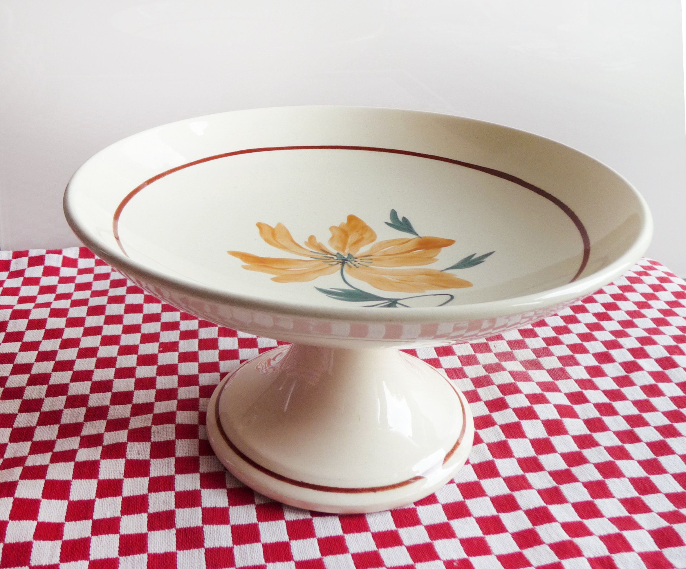 Magnifique Assiette de Fruits, Stand Fruits, Motif Floral Peint à La Main, Jaune, Vert, Faïence Crèm