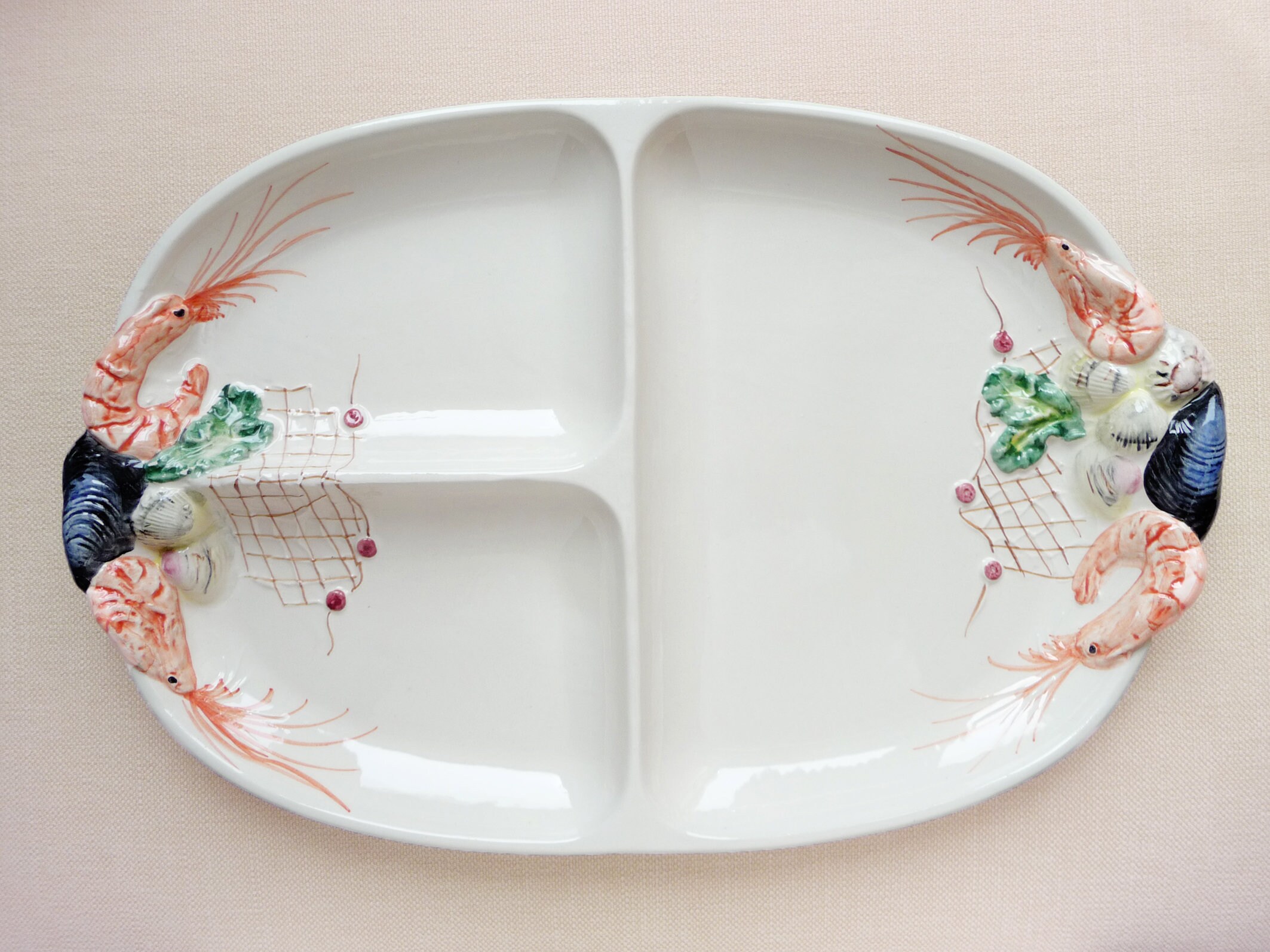 Plat de Service Fruits Mer, Plat en Céramique Vintage, Poterie Portugaise, Crustacés, 3 Parties, Res