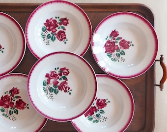 6 rare BADONVILLER DEEP plates, Soup plates, off-white faience with French Red Roses and a hand painted red rim, 1930s, French Country House