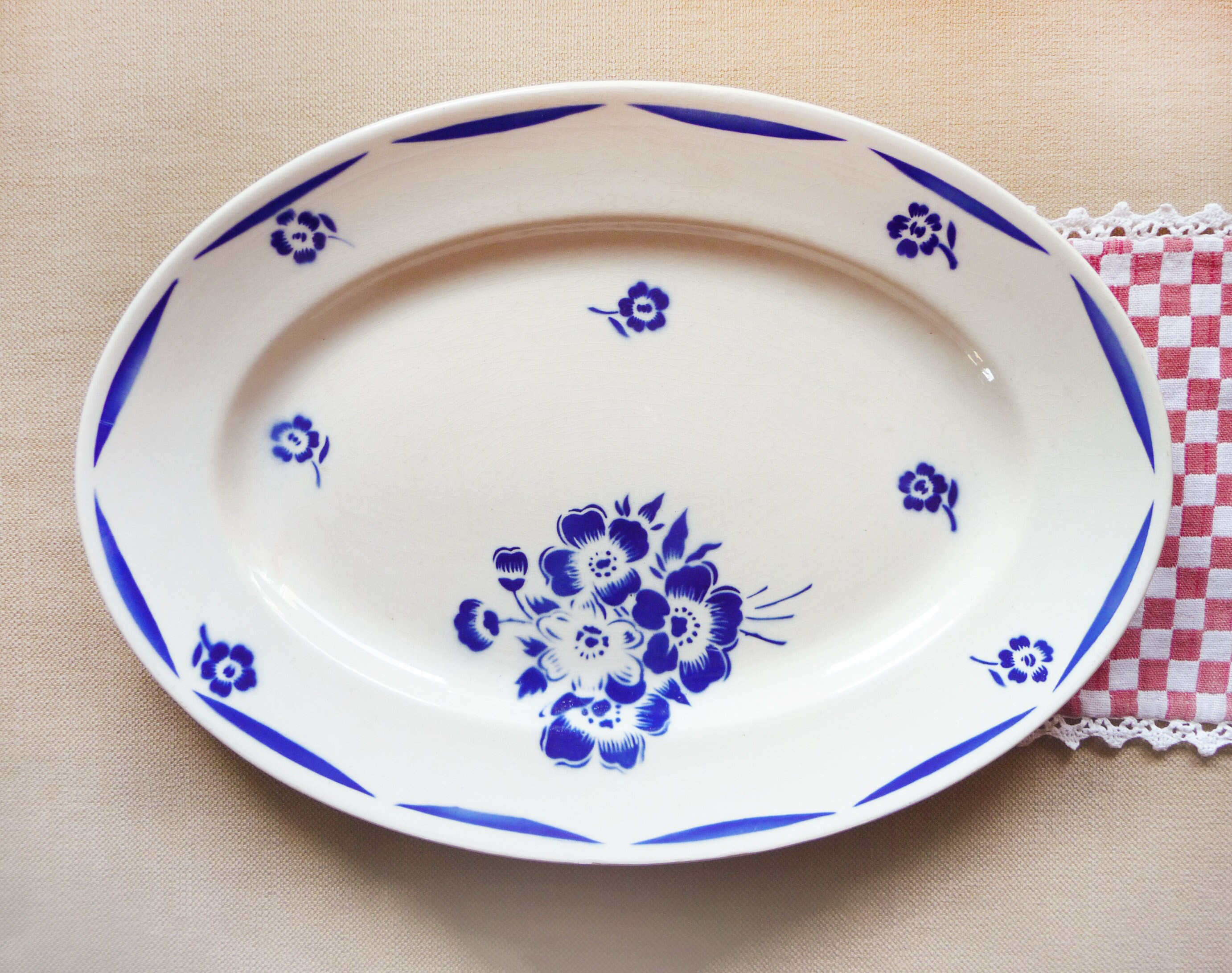 Belle Assiette de Service Badonviller, Français Faïence Vintage, Plat Ovale, Floral Bleu Cobalt, Aér