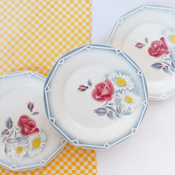 3 beautiful DIGOIN  FLAT, Dinner plates, Oscar, lovely pattern, French Red Roses, vintage French earthenware, Retro