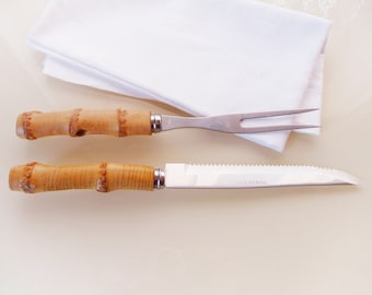 Vintage Bamboo Handle Serving Set: Stainless Steel Meat Fork & Knife