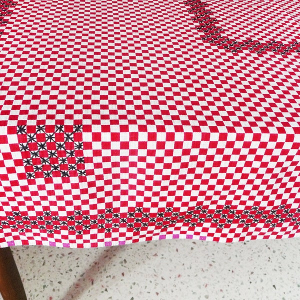 Rare vintage Tablecloth, red checkered cotton tablecloth, RED, White, Double Weave Checkerboard, red Lustucru tablecloth,126x131 cm, Bistrot