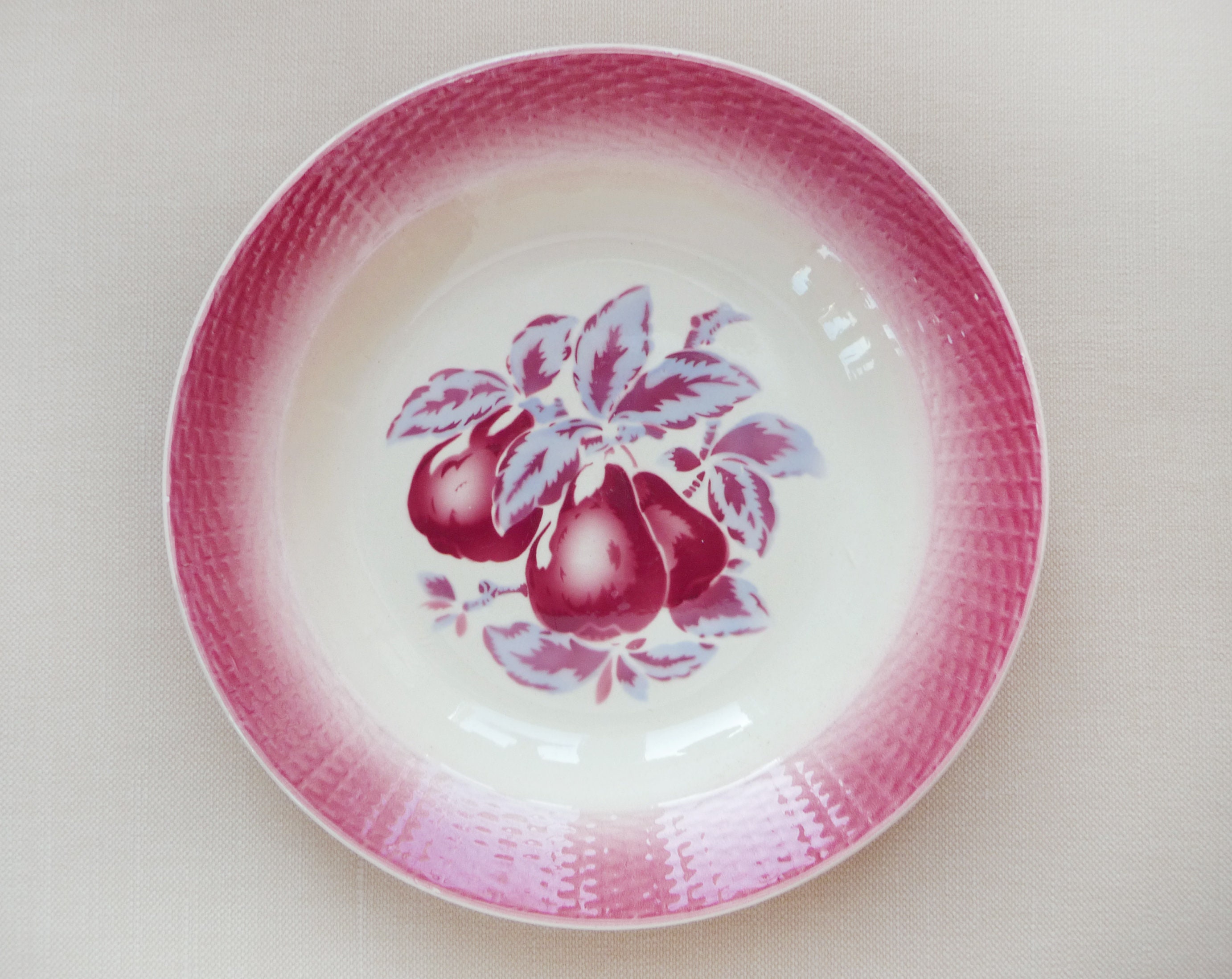 A Gorgeous Beautiful Large Deep Round Dish Badonviller Red, Pink Pear Pattern, Vintage Earthenware, 