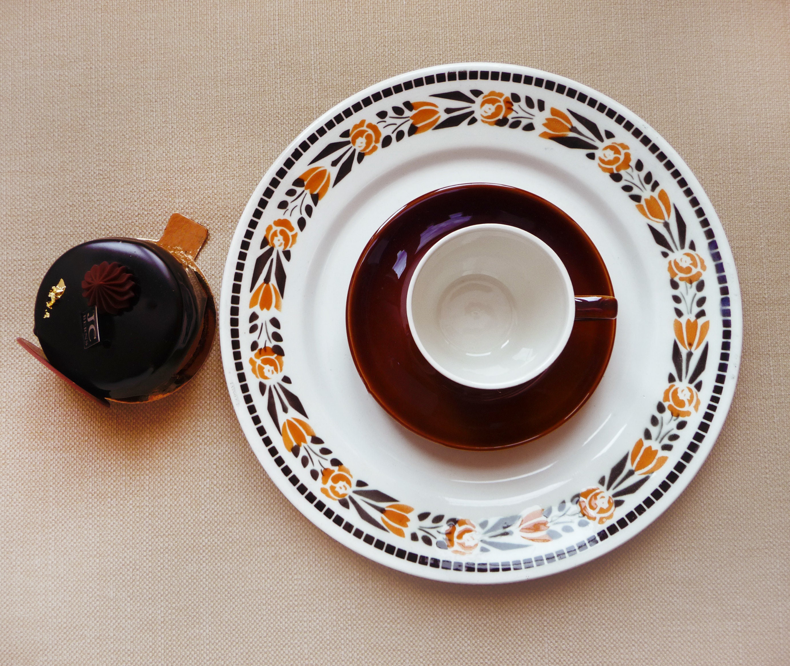 5 Rares et Belles Assiettes Badonviller Dinner, Art Déco, Orange Noir Floral Motif Au Pochoir, Franç