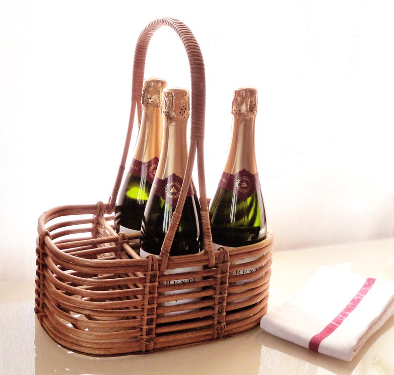 Vintage Rattan Wine Bottle Carrier, French Country Decor, 6-Bottle Rack image 1