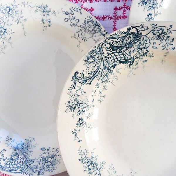 6 rare SALINS Bijou, 6 DEEP plates, Soup plates, off-white faience with VICTORIAN Blue Transferware, Digoin like French Country House, 1880s