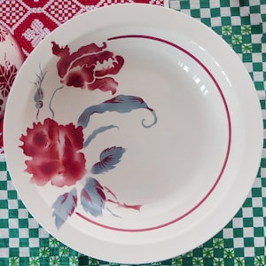 Può includere: Una ciotola da portata in ceramica bianca con un motivo floreale rosso e blu. La ciotola ha un bordo rialzato e una finitura liscia e lucida.