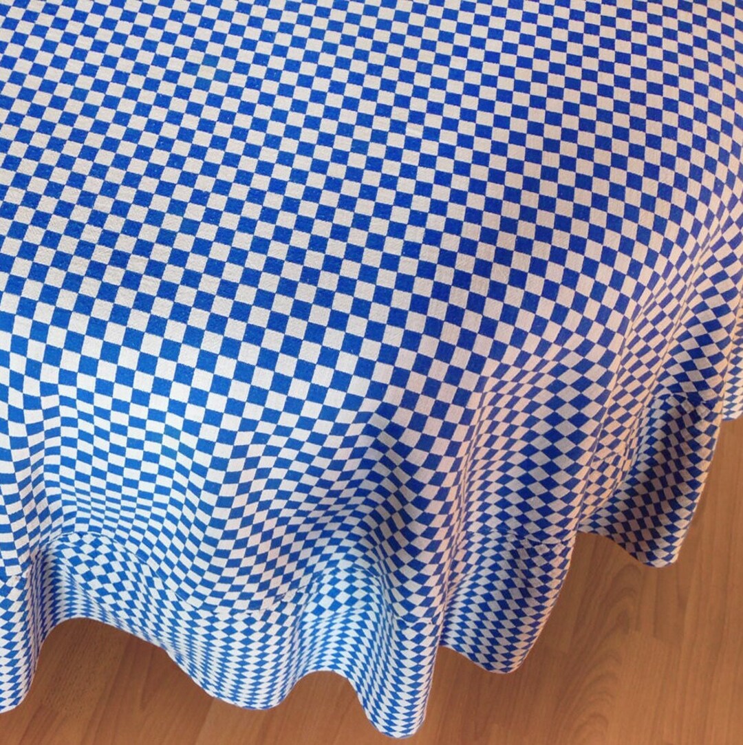 Rare ROUND TABLECLOTH Double Weaved Cotton BLUE White Gingham, 170cm