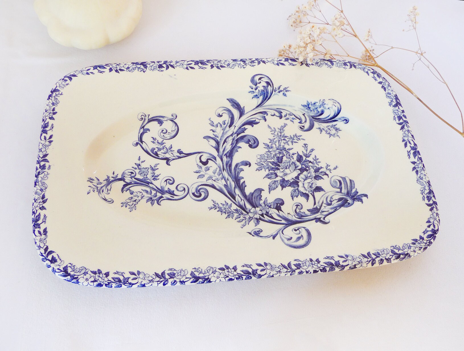 Rare et Splendide Grand Français Ironstone, Terre de Fer, Grand Plat Rectangulaire, Plat Service, Bl