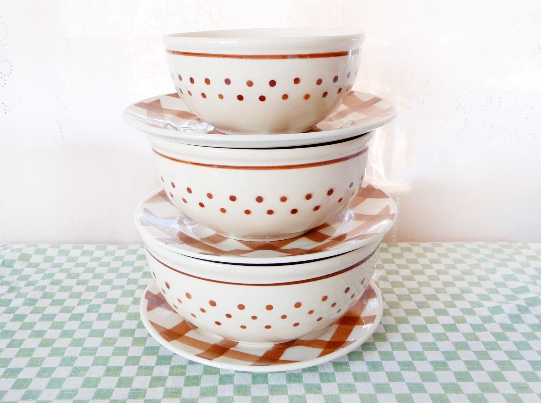 3 Bols de Nidification Vintage, Brown Polka Dots, Fabriqués en Ddr Allemagne, Faïence Rétro, Bistrot