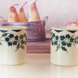 2 vintage Marmelade jars, Green leaves pattern, hand painted jars, MOULIN Des LOUPS Marmelade jars, Utensils jars, utensils pots earthenware
