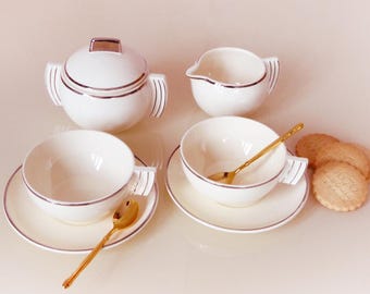 Art Deco Tea Set for Two: Badonviller Ironstone, Ivory & Silver