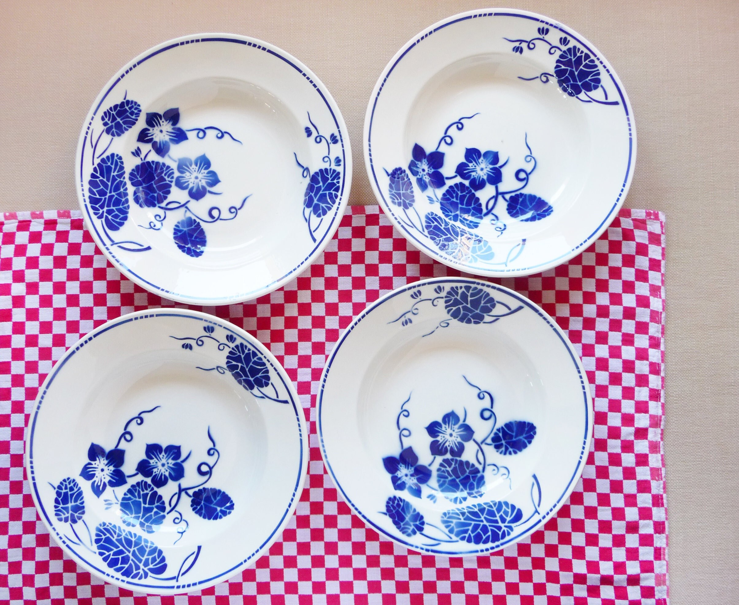 4 Assiettes Deep Vintage, de Soupe en Céramique Badonviller Trocadéro Bleu Cobalt, Français Faïence 