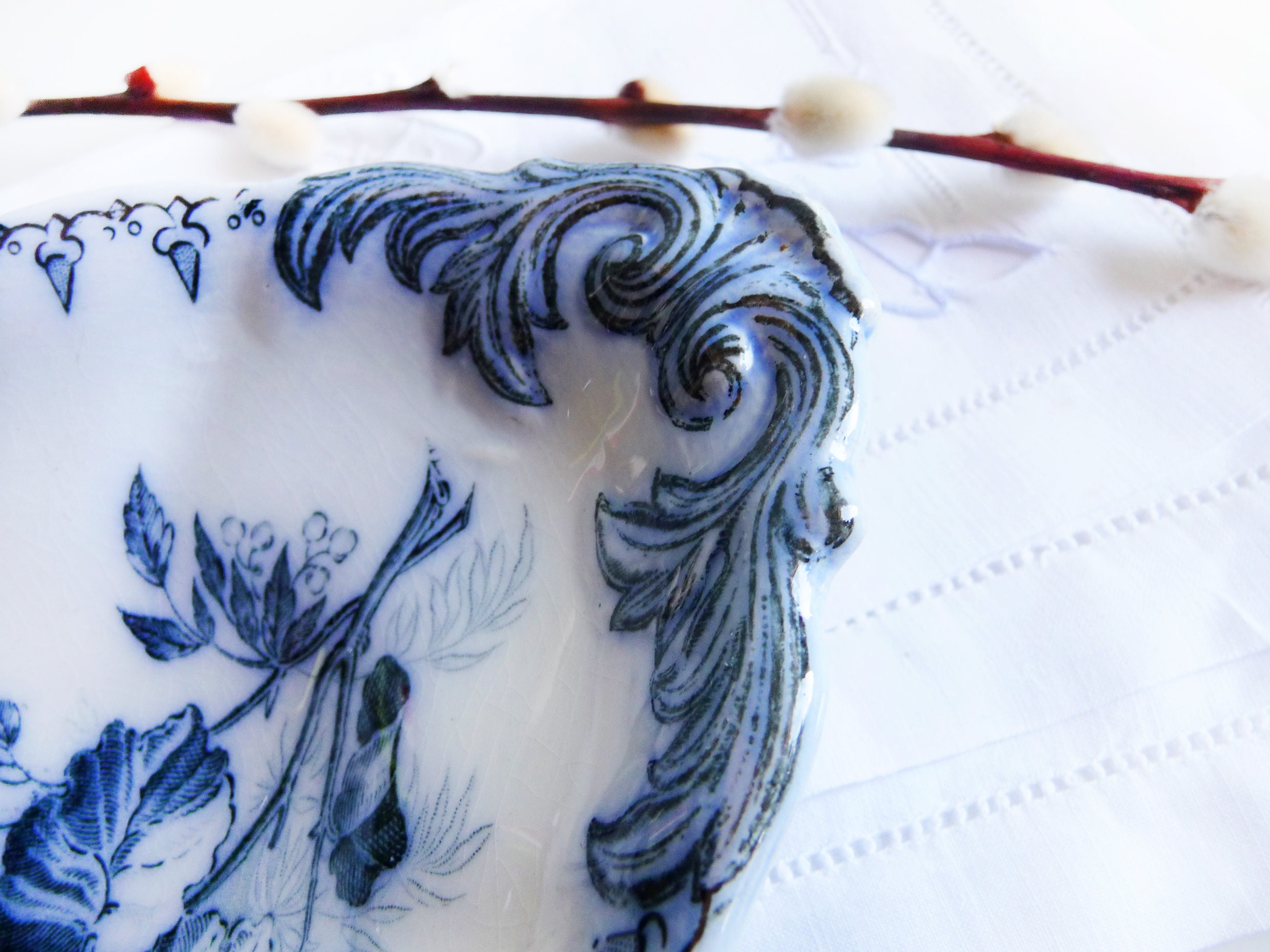 Rare et Splendide Français Ironstone, Sarreguemines Flore Terre de Fer, Plat Ovale, Service, Blanc B