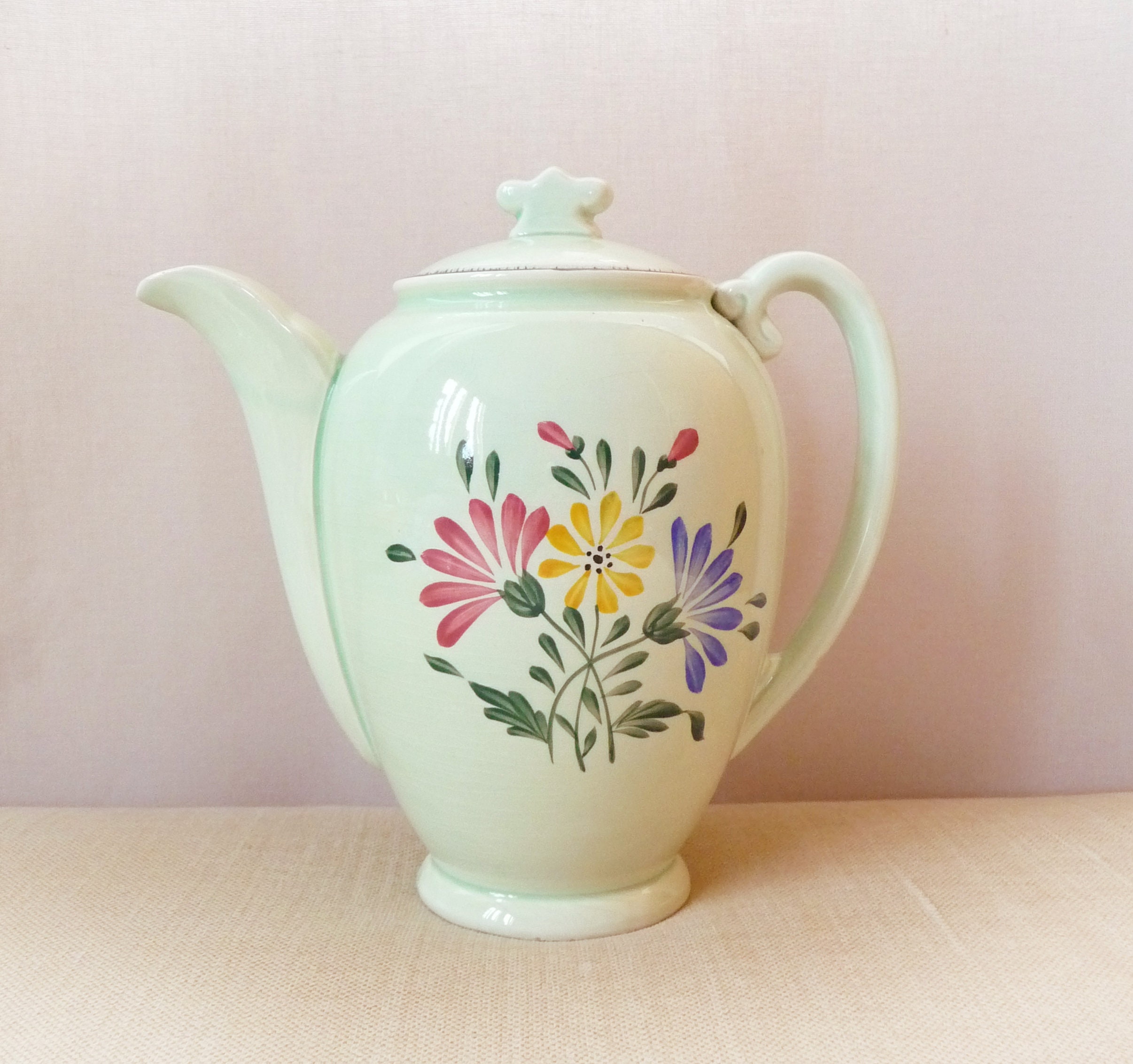 Théière Niderviller Anjou, Théière Français en Terre Cuite Vintage, Motif Floral, Glaçure de Jade Cé