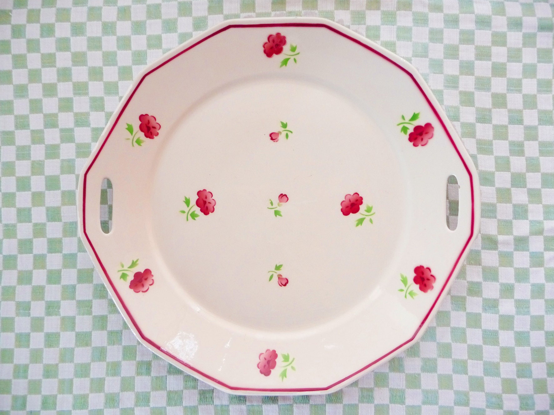 Super Rare Badonviller Jean Pie Plat, Assiette à Gâteau, Faïence Beige avec Français Roses Rouges et