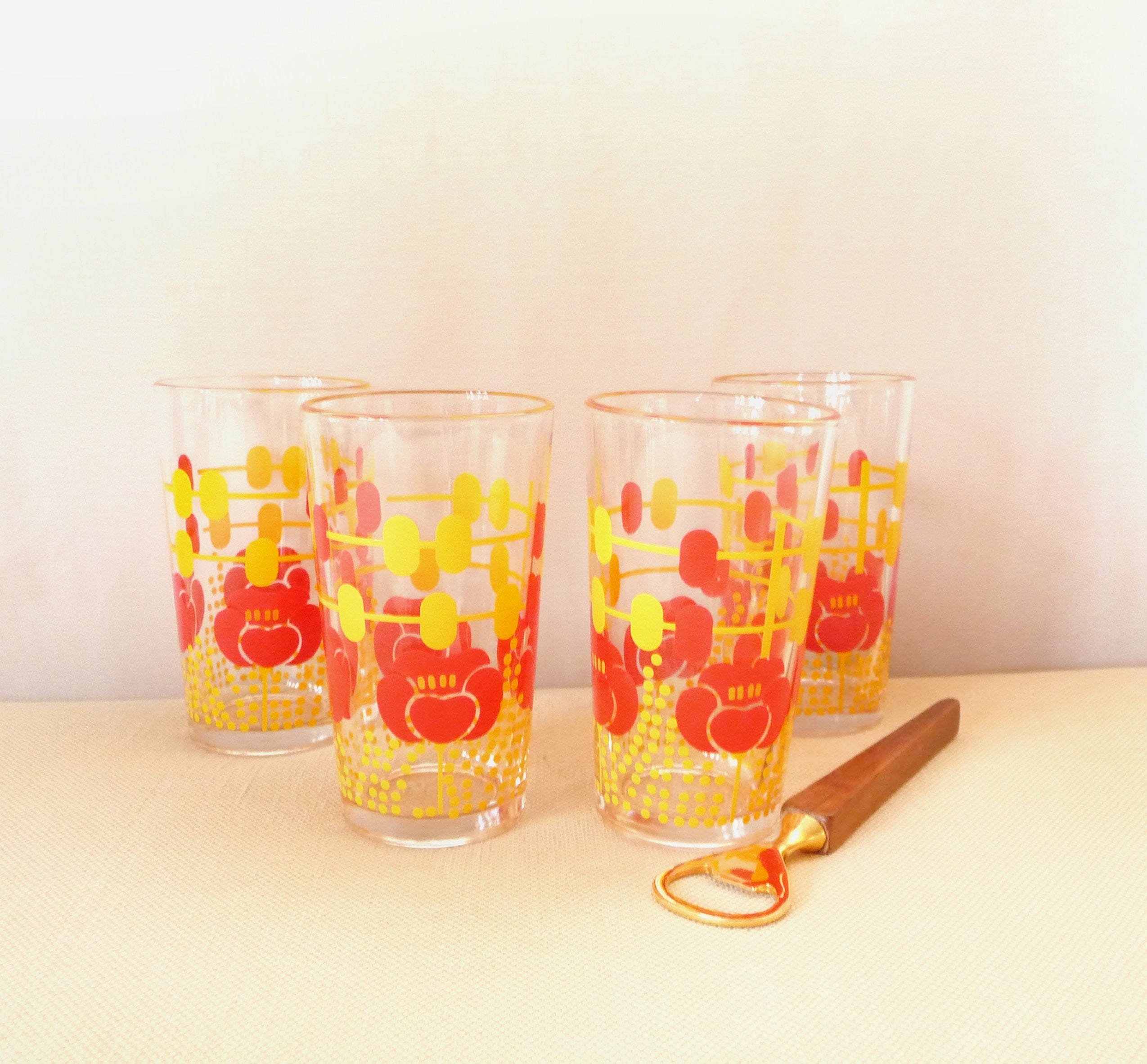 4 Gobelets Vintage Audacieux Français, Verres à Boire, Coquelicot, Rouge, Jaune, Milieu Du Siècle, A