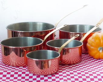 Vintage Copper Pans Set: French Country Kitchen Decor
