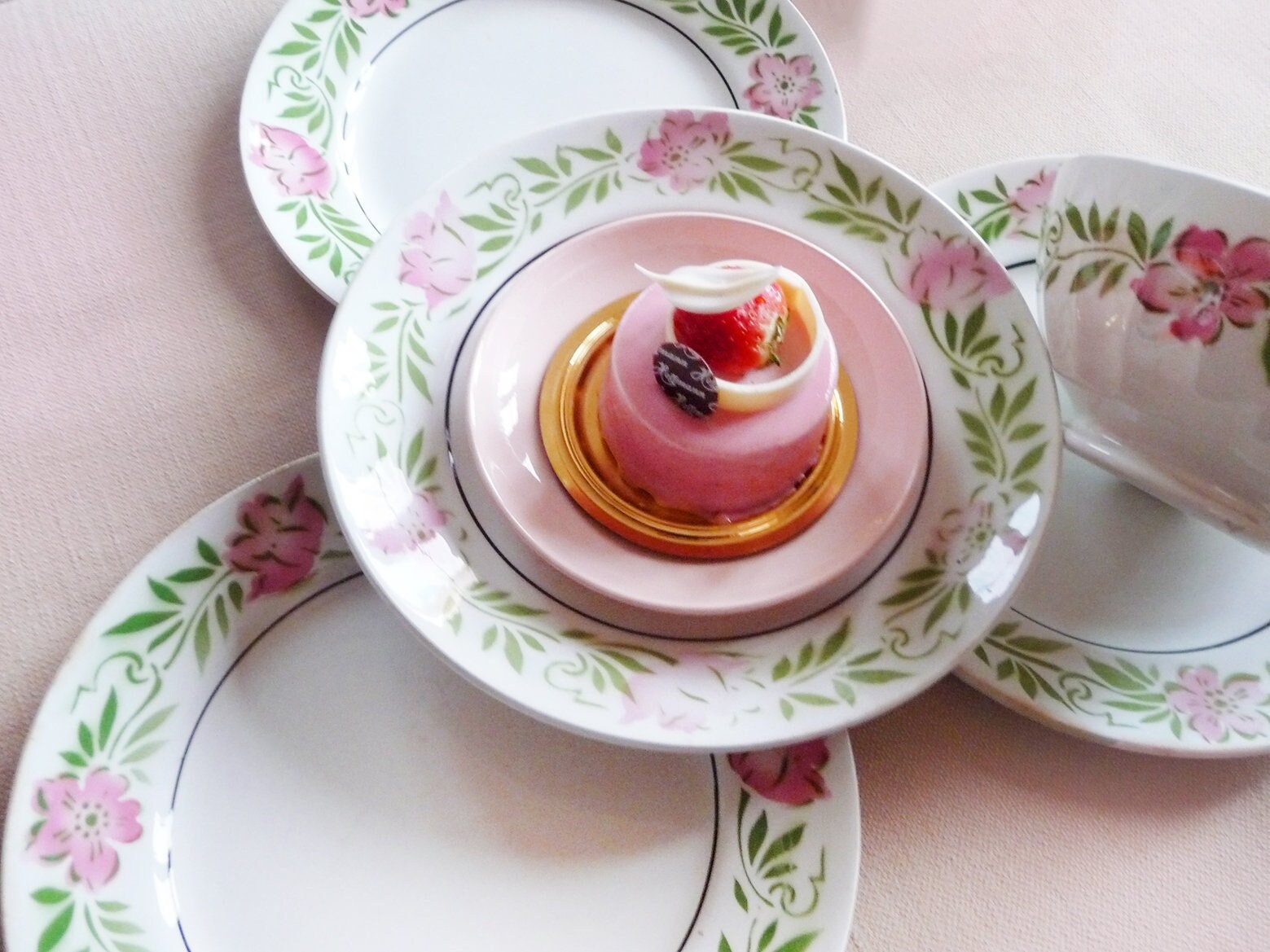 4 Moulin Des Loups Yvette Rose et Vert, Assiettes, Assiettes Plates, Splendide Français Faïence, Flo