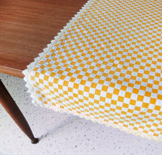 Handmade Double Weave Cotton tablecloth, French Vintage Yellow Checkered Table Runner