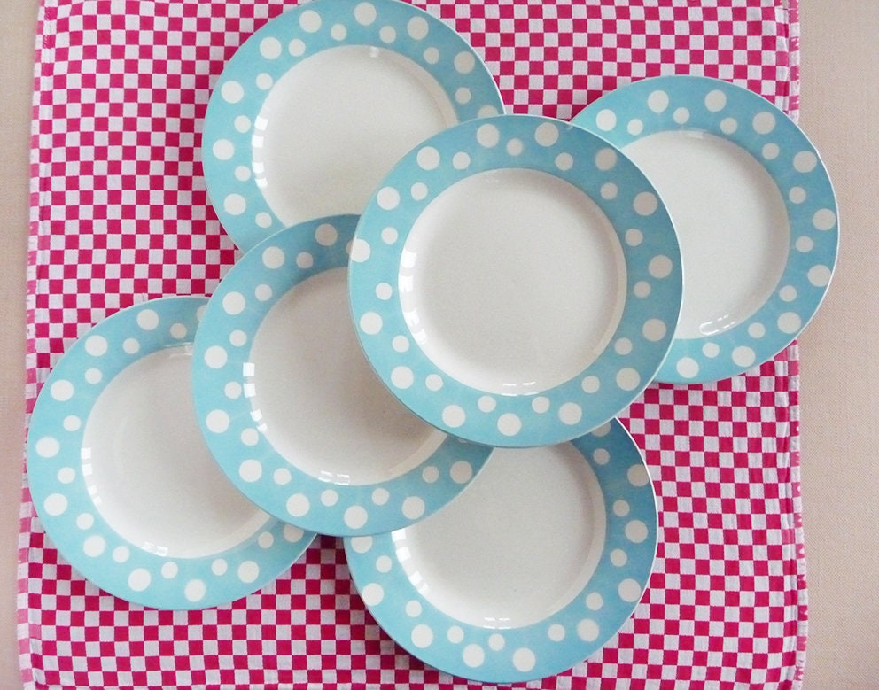 6 Beaux Digoin Polka Dots, Assiettes, en Excellent État Motif Géométrique Bleu Clair, Teinte de Coul