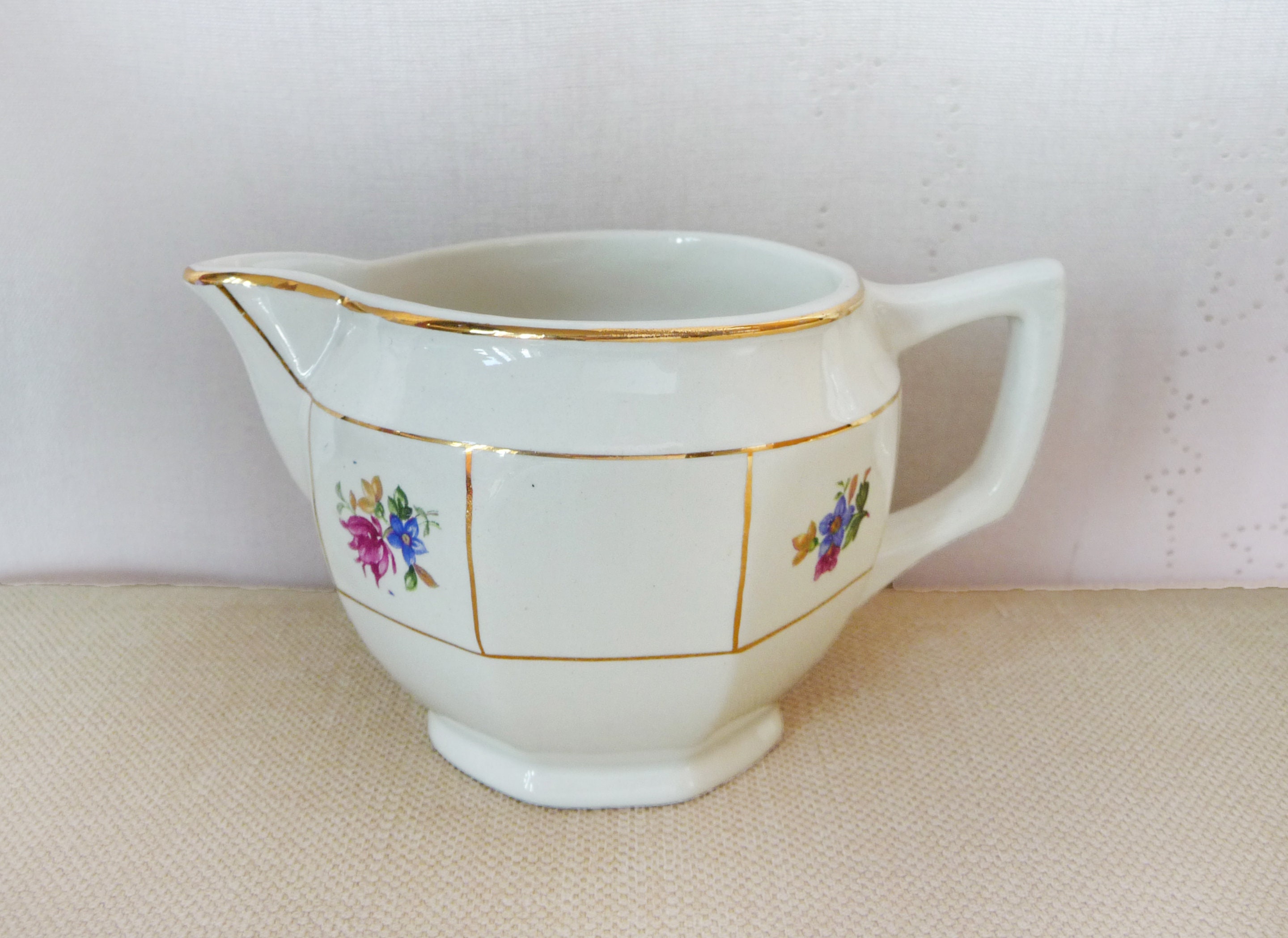 Vintage Céramique Creamer Sarreguemines, Art Déco Era, Blue-Forget-Me-Not et Roses Roses, Français F