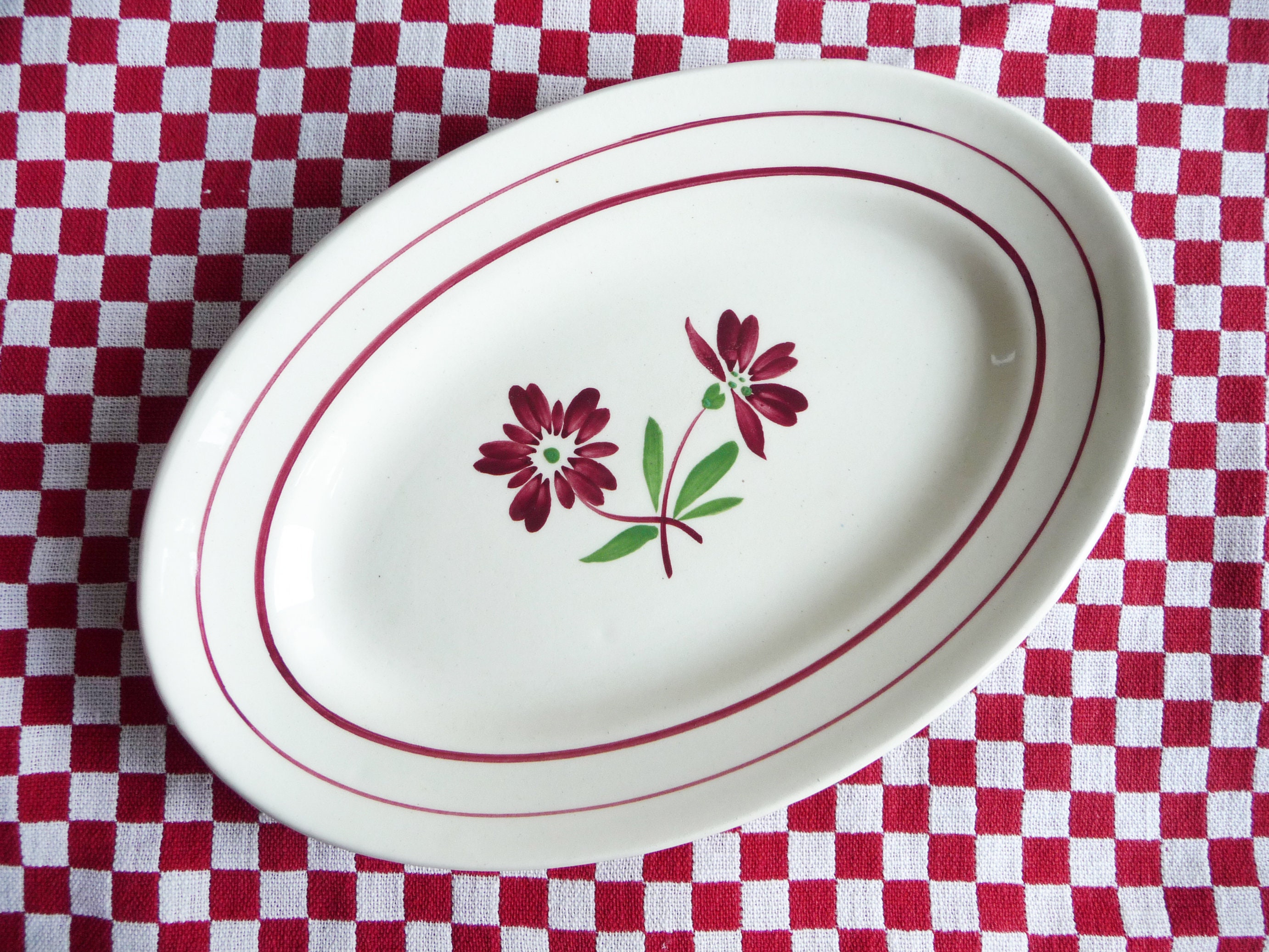 1 Assiette de Service Lunéville, Plat Ovale, Floral Rouge, Français Terre Cuite Vintage, Bistrot Fra