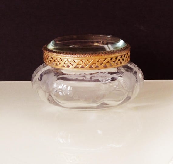 Rare Victorian crystal Trinket box, ormulu rim, bevelled crystal,