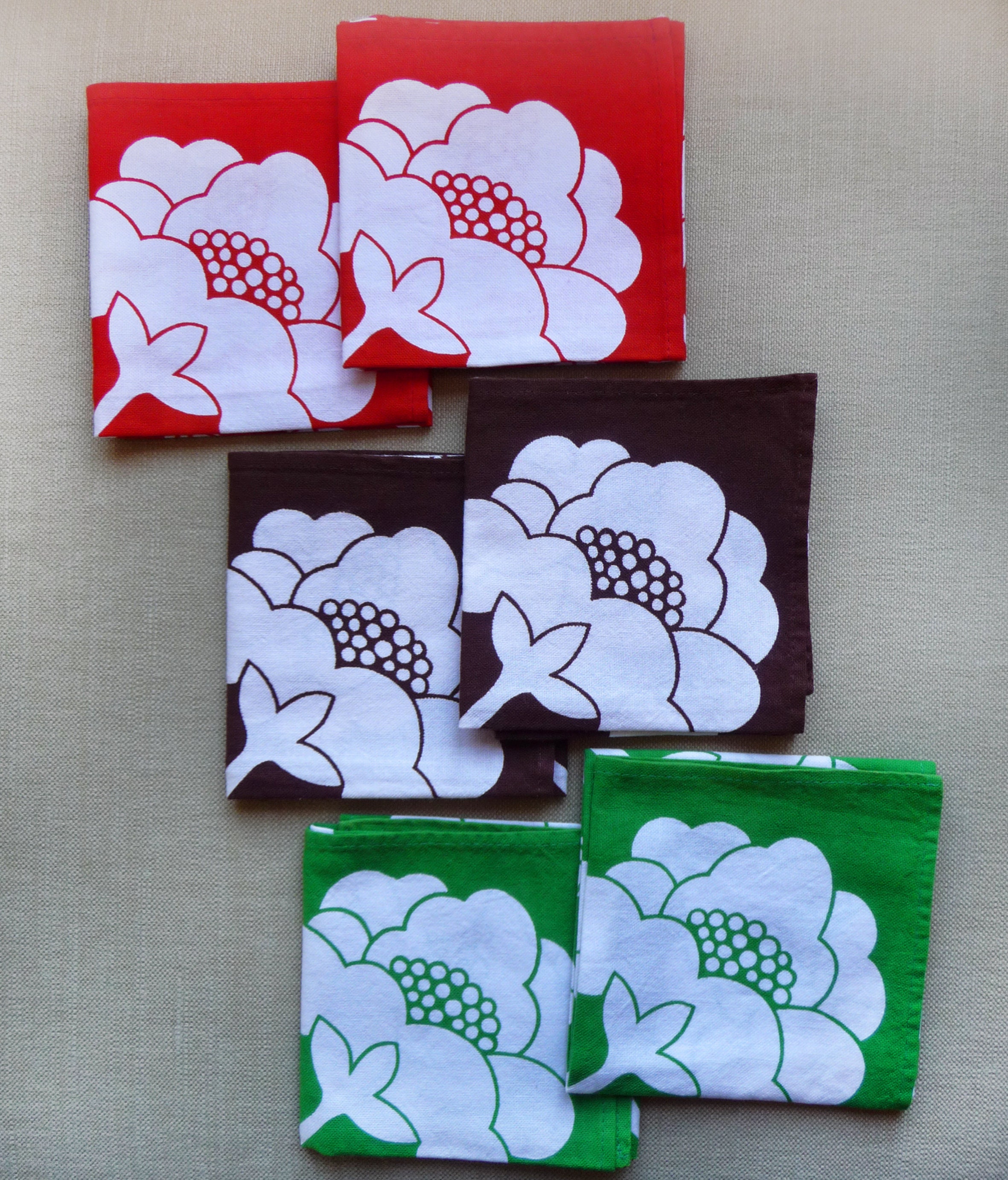 6 Magnifiques Serviettes Vintage Sixties Français Flower Power Coton Nappe, 44 X cm, Rouge, Brun Cho